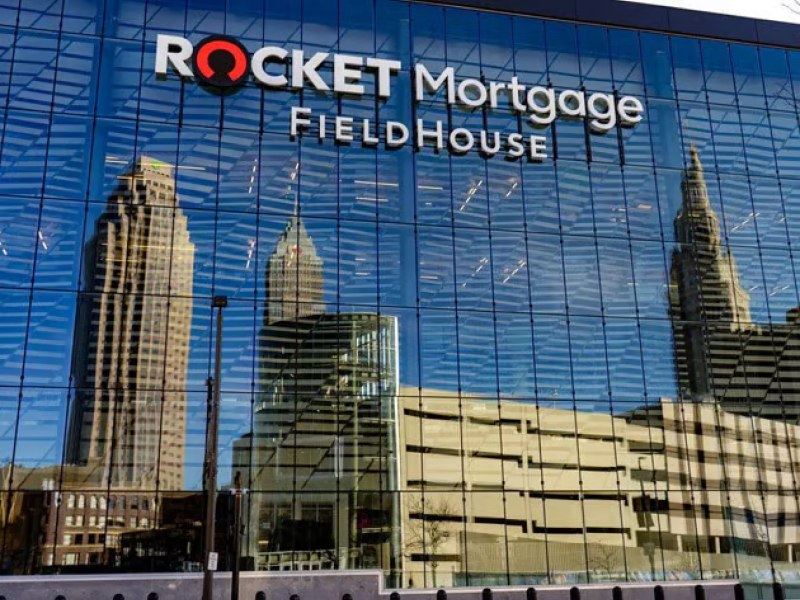 Rocket Mortgage Fieldhouse building with a reflection of a city